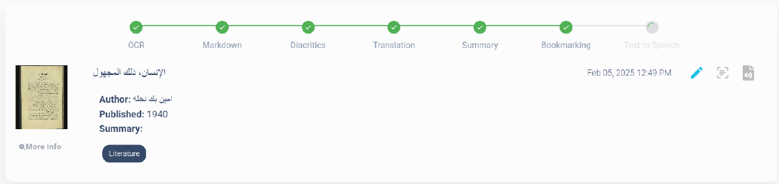A document's processing pipeline, showing completed stages for OCR, Markdown, diacritics, translation, summary and bookmarking, with text-to-speech still running.