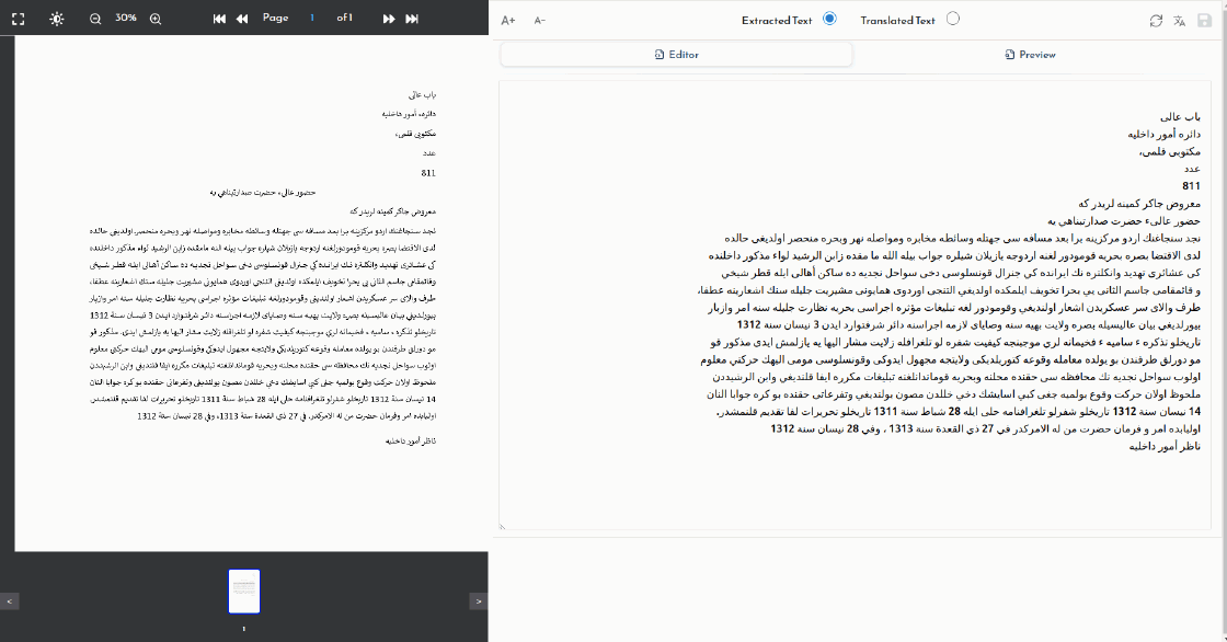 The Yai4Ottoman editor: the scanned folio rendered on the left, the extracted Ottoman text on the right, with a toggle between extracted and translated text and Editor and Preview tabs.